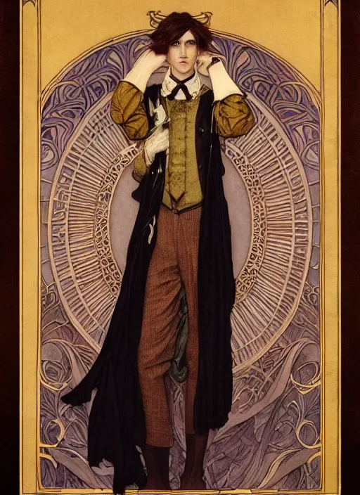 Image similar to edmund dulac, leyendecker, highly detailed portrait, a beautiful androgynous sebastian michaelis, long hair, tall and thin, wearing several pendants, art nouveau, stephen bliss, unreal engine, by greg rutkowski, loish, ferdinand knab, ilya kuvshinov, rossdraws, tom bagshaw, alphonse mucha, global illumination, radiant light