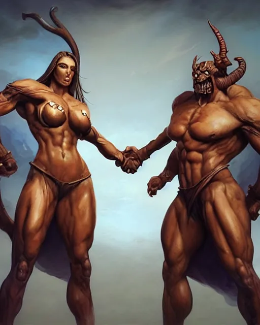 Image similar to female athletic body type and male warrior strong body type holding each other close by Boris Vallejo, moody, character design concept art, diablo, warcraft, hard surface, Character design, dramatic, highly detailed, photorealistic, digital painting, painterly, artstation, concept art, smooth, sharp focus, art by John Collier and Krenz Cushart and Artem Demura and Albert Aublet