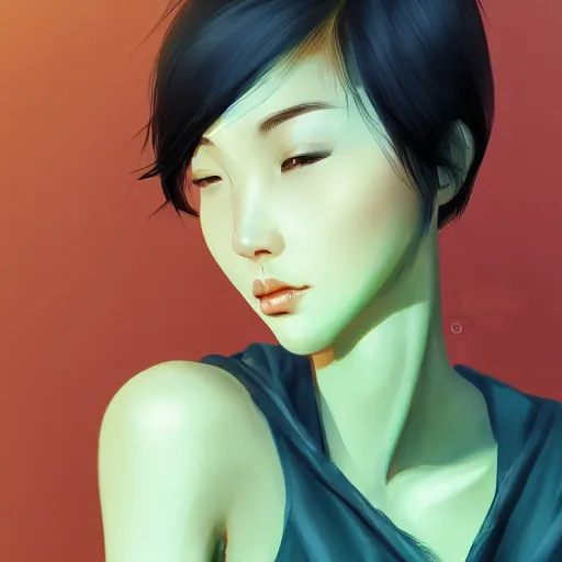 Prompt: beautiful asian woman with smooth skin and green short hair, by nick silva, ja mong, digital, trending artstation