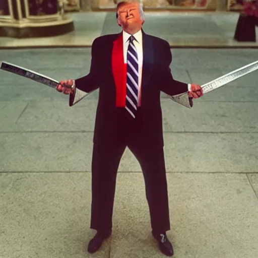 Image similar to photo of donald trump, kodak portra 4 0 0, donald trump wearing a suit of knight ’ s armor, two arms, two legs, symmetrical face, donald trump ’ s face, donald trump, donald trump holding a mythical sword