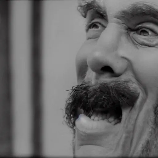 Image similar to Film still of a cackling man, bushy moustache, extreme close-up shot,