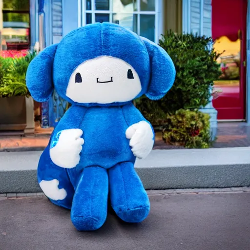 Image similar to blue'snappy gifts'human - sized plush doll, on sidewalk, holding gift, happy atmosphere, high detail, soft lighting, 8 k