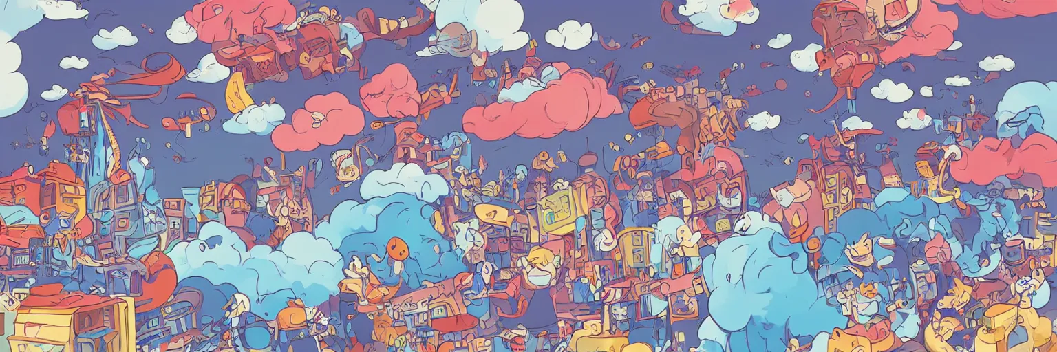 Image similar to a fantastical cartoon world in the clouds, barber shop, street market, nimbus clouds, cartoon characters with big teeth, small chinese style dogs, extremely wide shot, strong composition, fun and playful colors, thick ink lines, in the style of billy wu, trending on behance.