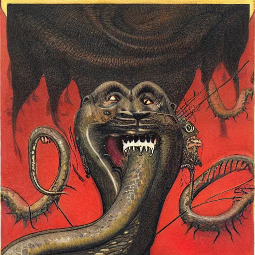 Image similar to demiurge head face eyes fangs serpent serpent python wearing a lion costume furry ears neck neck tall long viper tombow peter doig greg rutkowski giorgio de chirico arsen savadov dan witz vik muniz