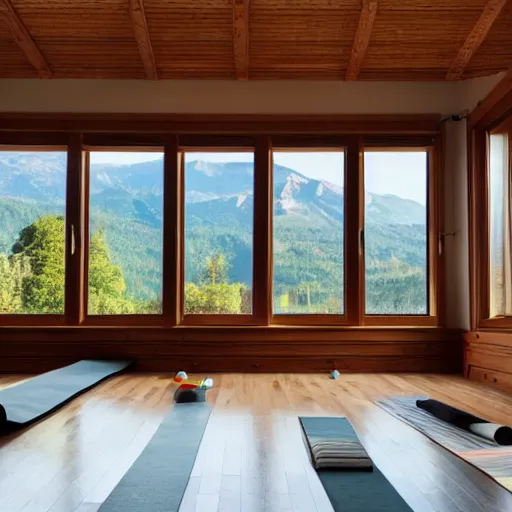 Image similar to wooden room with yoga mat and panelled windows with view of mountain