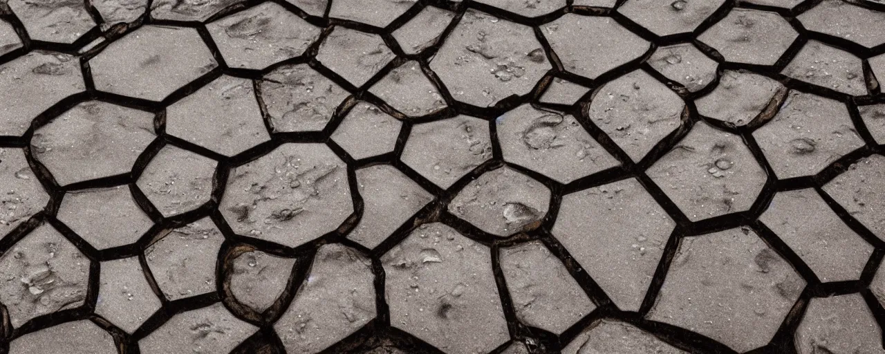 Prompt: rocky hexagon formations, rainy, wet, puddles, overcast, landscape