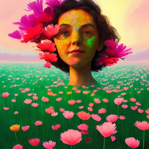 Prompt: giant carnation flower face, girl in a flower field, surreal photography, sunrise dramatic light, impressionist painting, colorful clouds, digital painting, artstation, simon stalenhag, flower face