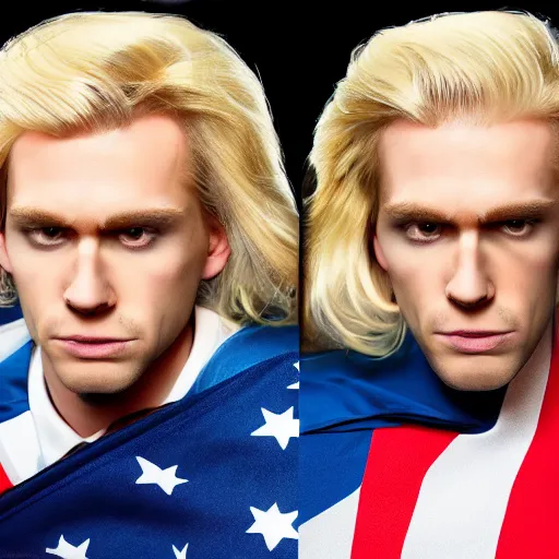 Prompt: portrait of a blonde masculine man two sides hair and thin face lines, his cape is the american flag, he is angry, his costume is blue with yellow eagles head on the shoulders, 8 k, hyper realistic, movie imax shot, film, cinematography, red