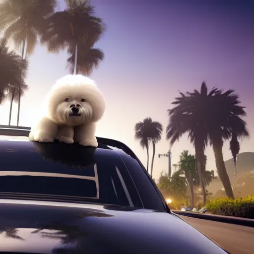 Prompt: a photorealistic image of bichon frise riding in the back on an Uber through Hollywood at sundown. This 4K HD image is Trending on Artstation, featured on Behance, well-rendered, extra crisp, features intricate detail and the style of Unreal Engine.