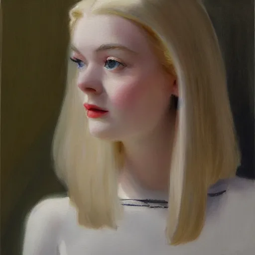 Image similar to Painting of Elle Fanning in a 60s ad, long blonde hair, delicate, pale milky white porcelain skin, by Edward Hopper. 8K. Extremely detailed.