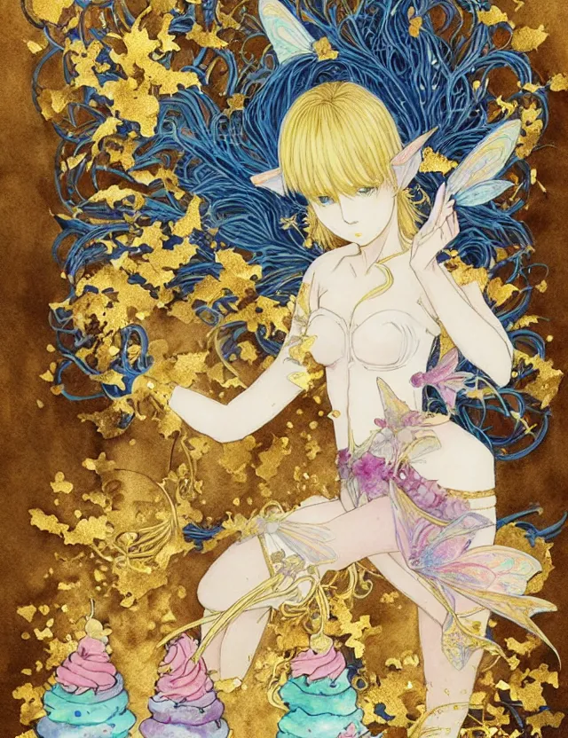 Image similar to faerie spirit of cupcakes, lost in a liminal space. this watercolor and gold leaf work by the award - winning mangaka has a beautiful composition and intricate details.