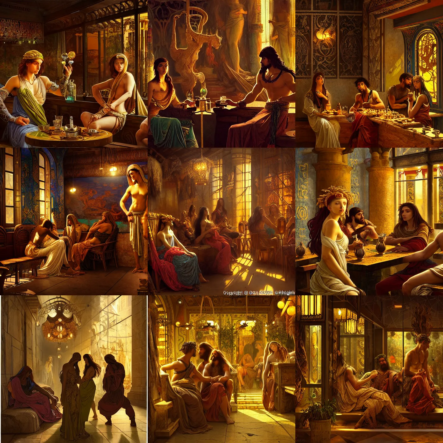 Prompt: 2000 BC Before Christ Neo Rococo Expressionist orientalism a coffee shop store in The City of Ukraine at night with a few customers 🍸, extreme plus resolution fantasy concept art, intricate details to everything visible, sharp lighting, Dramatic light by denis villeneuve, strong emphasis on alphonse mucha, Makoto Shinkai