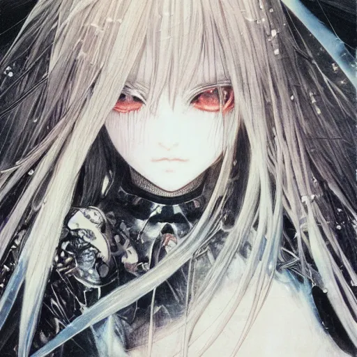 Prompt: yoshitaka amano blurred and dreamy illustration of an anime girl with bandage on the eyes, wavy white hair and cracks on her face near eyes wearing elden ring armour with the cape fluttering in the wind, abstract black and white patterns on the background, noisy film grain effect, highly detailed, renaissance oil painting, weird portrait angle