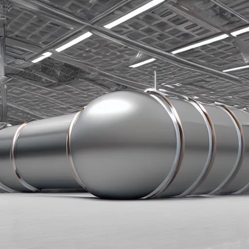 Image similar to big metallic capsule connected to pipelines, purpose is pump, standing in large industrial hall, designed by best engineers, raytracing, reflections