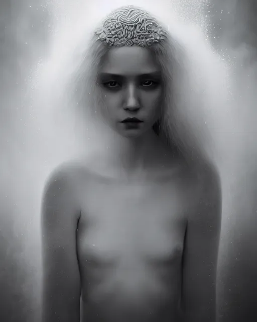 Prompt: monochrome, dreamy, subsurface scattering, white, young beautiful goddess in cosmos with very long white hair floating in air, fluid smoke art, black and white, octane render, dino valls, mark ryden, joe fenton, michal karcz, highly detailed, rim light, art, cinematic lighting, very coherent, hyper realism, 8 k