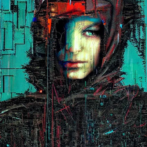 Image similar to portrait of a hooded character wearing a cyberpunk visor, mysterious, shadows, by Guy Denning, by Johannes Itten, by Russ Mills, glitch art, hacking effects, chromatic, color blocking, oil on canvas, concept art, abstract