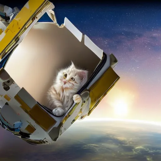 Image similar to Next to the James Webb Telescope in outer space, an action sequence of an astronaut ((cream colored Maine Coon kitten)) space walk, an unopened bag of kitty litter floats nearby, in the background friendly cute cute cute alien spacecraft, highly realistic, 4K, 8K, road trip