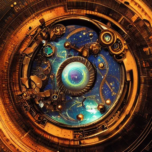 Prompt: The universe is like a giant time eye looking at us, intricate watch mechanism, steampunk, deep space hubble photograph, highly detailled texture, 4k, high quality trending on artstation