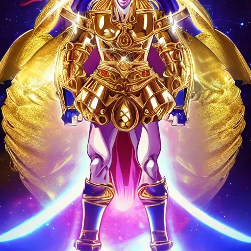 Image similar to A radiant, extreme long shot, photo of a 27-year-old Caucasian male wearing the Gemini Gold Armor, Beautiful gold Saint, Jaw-Dropping Beauty, gracious, aesthetically pleasing, dramatic eyes, intense stare, immense cosmic aura, from Knights of the Zodiac Saint Seiya, inside the Old Temple of Athena Greece,4k high resolution, Detailed photo, attention to detail, hyper detailed, ultra detailed, octane render, arnold render, Photoshopped, Award Winning Photo, groundbreaking, Deep depth of field, f/22, 35mm, make all elements sharp, at golden hour, Light Academia aesthetic, Socialist realism, by Annie Leibovitz
