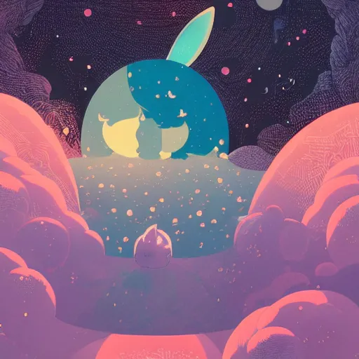 Prompt: A rabbit full of hope, looking for a black hole in an infinite time loop by Victo Ngai and Ghibli andlisk feng and atey ghailan