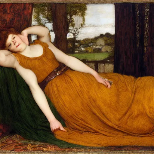 Image similar to preraphaelite photography reclining on bed, a hybrid of judy garland and lady gaga, aged 2 5, big brown fringe, yellow ochre ornate medieval dress, charles sillem lidderdale, john william waterhouse, kilian eng, rosetti, john everett millais, william holman hunt, william morris, 4 k