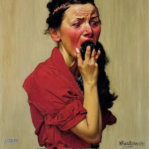 Image similar to portrait of a crying woman giving a blank stare to the viewer. She has an 🍦. A painting by Norman Rockwell