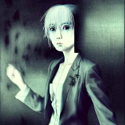 Image similar to yoshitaka amano blurred and dreamy realistic three quarter angle portrait of a woman with white hair and black eyes wearing dress suit with tie, junji ito abstract patterns in the background, satoshi kon anime, noisy film grain effect, highly detailed, renaissance oil painting, weird portrait angle, blurred lost edges