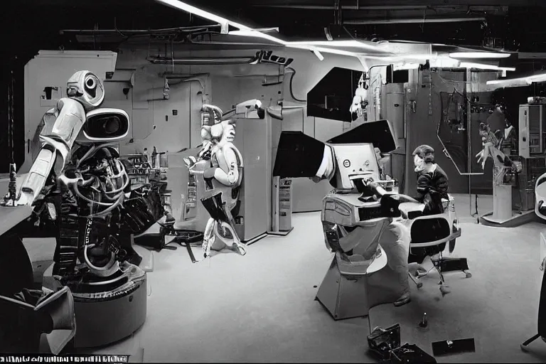 Prompt: a futuristic film studio with robot technicians preparing a scene by Stanley kubrick, sci-fi, reimagined by industrial light and magic