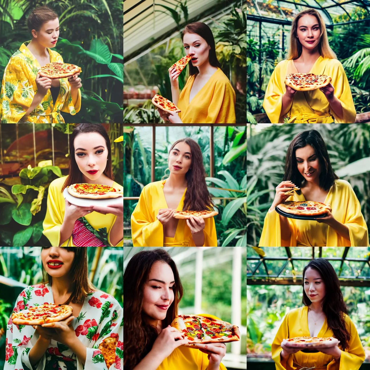 Prompt: close up portrait of a beautiful woman wearing a yellow kimono while eating a pizza in a tropical greenhouse, bokeh, cinematic colors