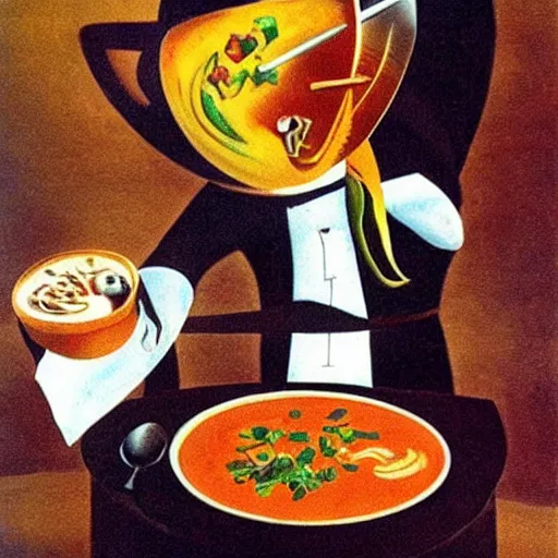 Image similar to anthropomorphic cat chef cooking a delicious colorful soup, by Salvador Dali