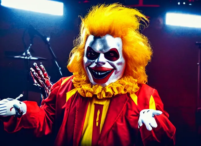 Image similar to publicity photo still of ronald mcdonald wearing a slipknot mask touring with slipknot live on stage, 8 k, live concert lighting, mid shot