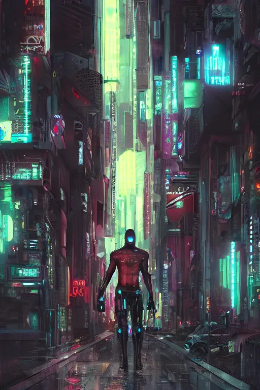 Prompt: black male cyborg body modifications hd james paick low perspective! cyberpunk city neon rain