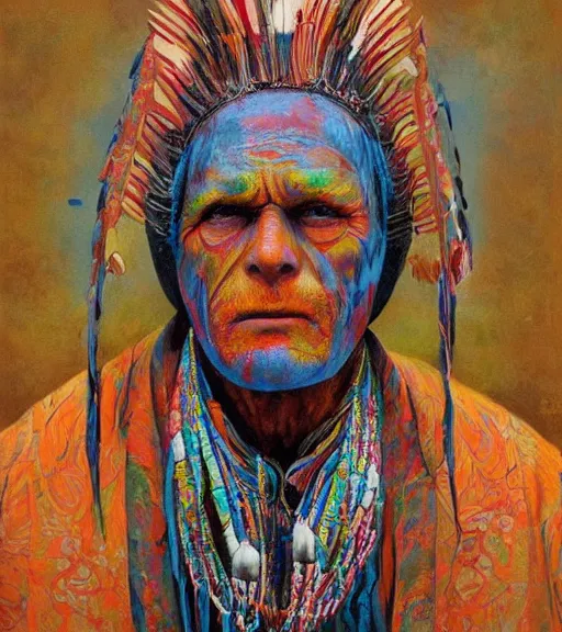 Image similar to Portrait painting in a style of Beksinski mixed with Alex Grey of an old shaman dressed in a colorful traditional clothes.