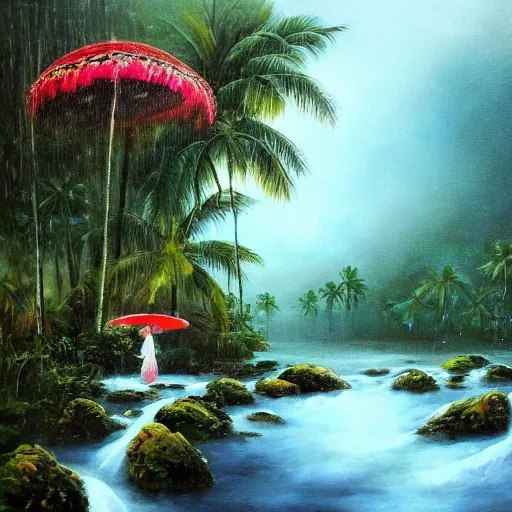 Image similar to monsoon on tropical island, attractive oriental native in white, frontal, ornate, beautiful, atmosphere, vibe, mist, coconuts, rain, wet, pristine, puddles, melting, dripping, snow, creek, lush, ice, bridge, forest, roses, flowers, oil painting by hans zatska