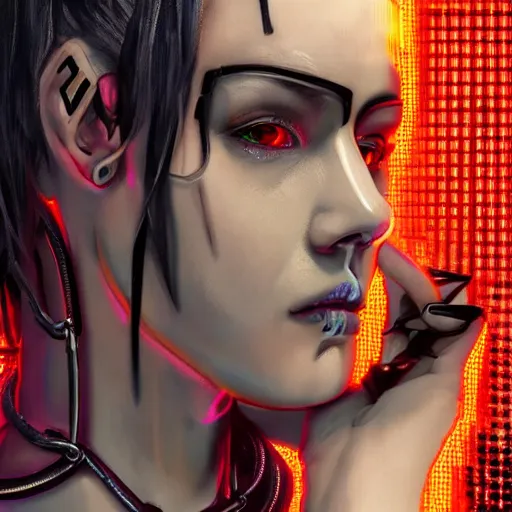 Image similar to detailed realistic cyberpunk female character cyberpunk wearing steel collar around neck, realistic, art, beautiful, 4K, collar, choker, collar around neck, punk, artstation, detailed, female, woman, choker, cyberpunk, neon, punk, collar, choker, collar around neck, thick collar, choker around neck, wearing choker, wearing collar, bright neon punk hair,