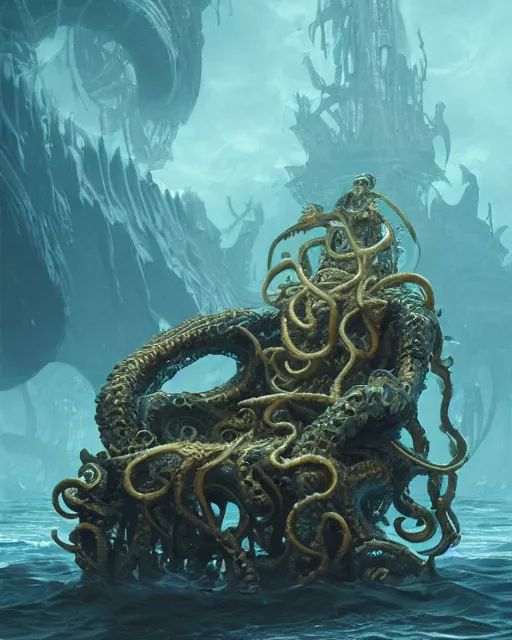 Image similar to An invisible Kraken in the middle of the sea on a chair, fantasy art, in the style of greg rutkowski, illustration, epic, fantasy, intricate, hyper detailed, artstation, concept art, smooth, sharp focus, ray tracing