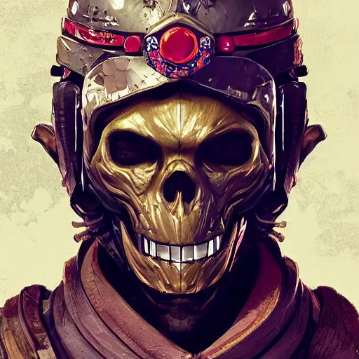 Prompt: a golden skull face monkey warrior with a ruby in his forehead, Apex Legends character digital illustration portrait design, by android jones, detailed, volumetric lighting, wide angle action dynamic portrait