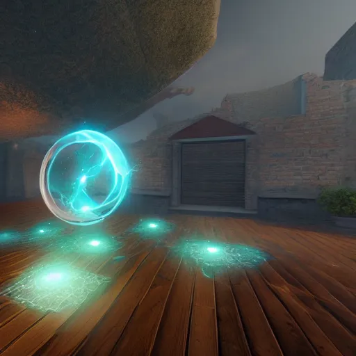 Image similar to arcane teleportation pad, realistic lighting, bloom, unreal engine, cinema, particles