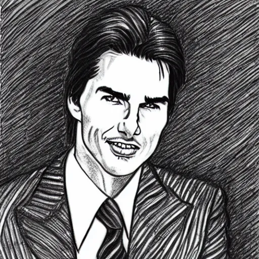 Image similar to a portrait drawing of Tom Cruise drawn by Robert Crumb