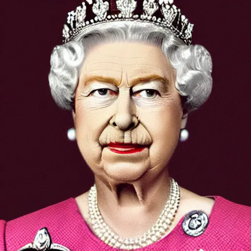 Prompt: the queen of england with hitler mustache in a magazine cover photo. highly detailed hair