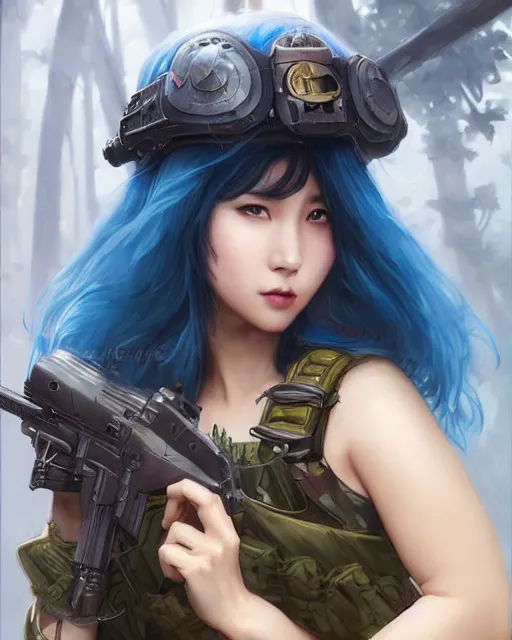 Prompt: stunningly beautiful girl with blue hair, korean, fantasy art, military girl, army girl outfit, soldier helmet, jungle background, dark light night, sharp focus, digital painting, 8 k, concept art, art by wlop, artgerm, greg rutkowski and alphonse mucha