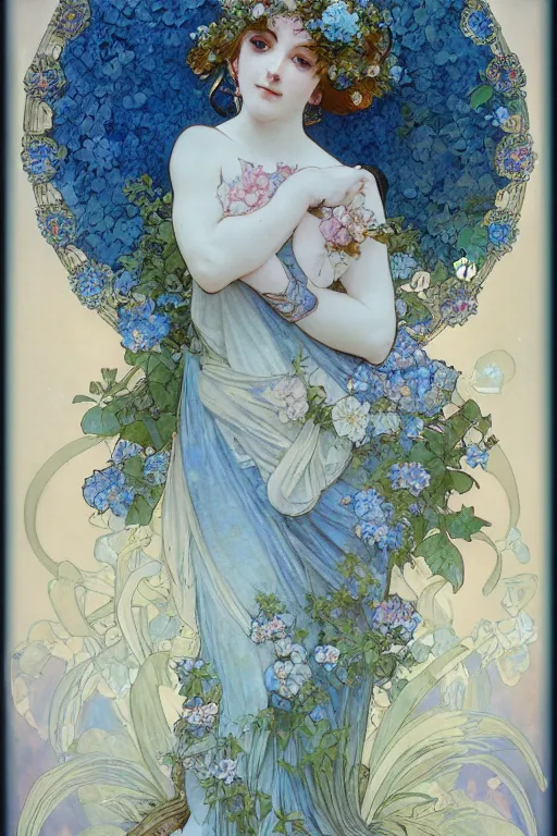Prompt: blue hair goddess of light in hydrangeas flowers and rose, alphonse mucha and jean - baptiste monge style, painterly, highly detailed, 8 k