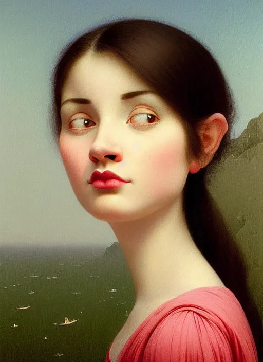 Image similar to hyper detailed 3 d render like a oil painting - cute portrait of a brunette named emma, italian looking, looking at camera, symmetrical face, long brunette hair, nose ring, a smiling cow looking over her shoulder by ryden, kawase hasui, dorothea tanning, edward hopper and james gilleard, aivazovsky, beksinski, outram, artstation