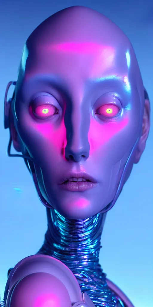 Image similar to 3d octane close-up render of baroque cyborg woman with black hair and pearlescent pink skin key sage wayne barlowe very soft blue neon lighting on one side wide angle 35mm shallow depth of field 8k