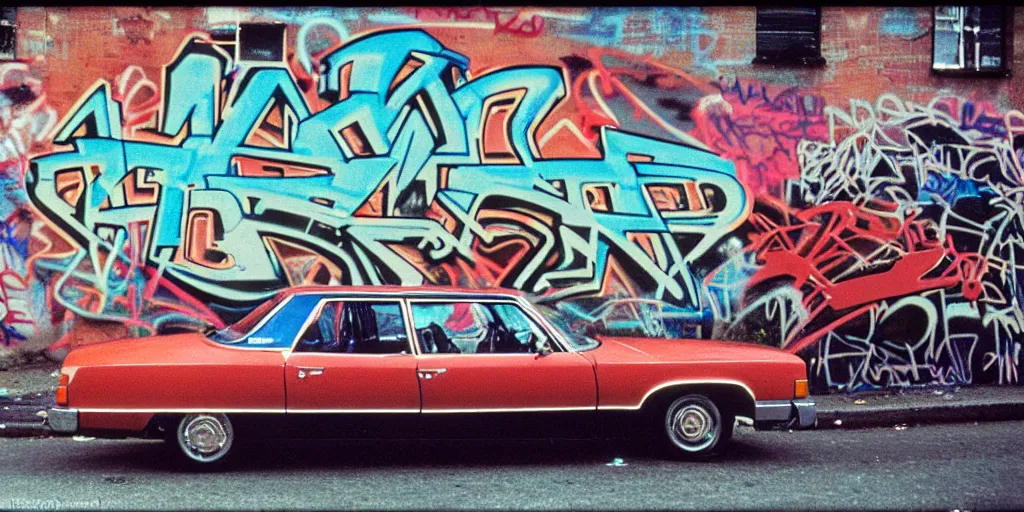 Image similar to bronx, gang in the 7 0 s car, closeup graffiti on the wall, coloured film photography, 3 5 mm film, bruce davidson photography, willy spiller photography