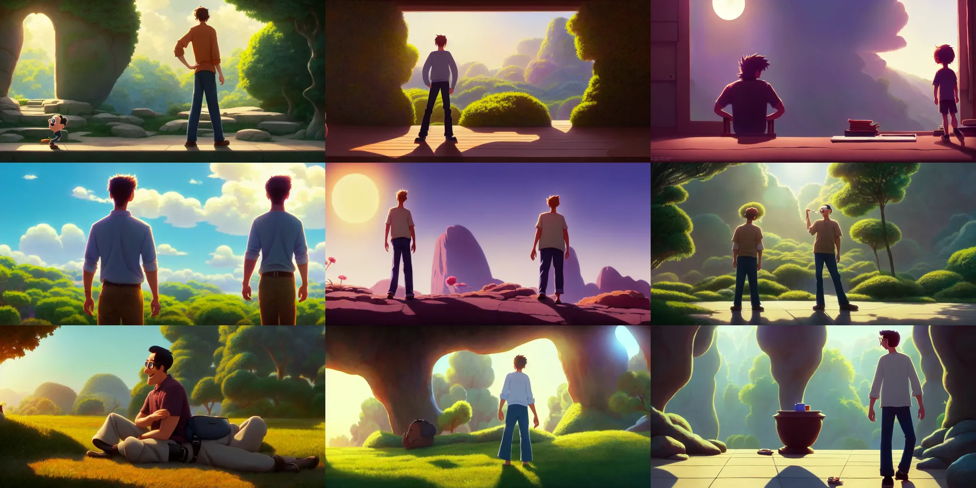 Prompt: a wholesome animation key shot of a man discovering the meaning of life, sunglasses, medium shot, waist up, pixar and disney animation, sharp, rendered in unreal engine 5, anime key art by greg rutkowski, bloom, dramatic lighting