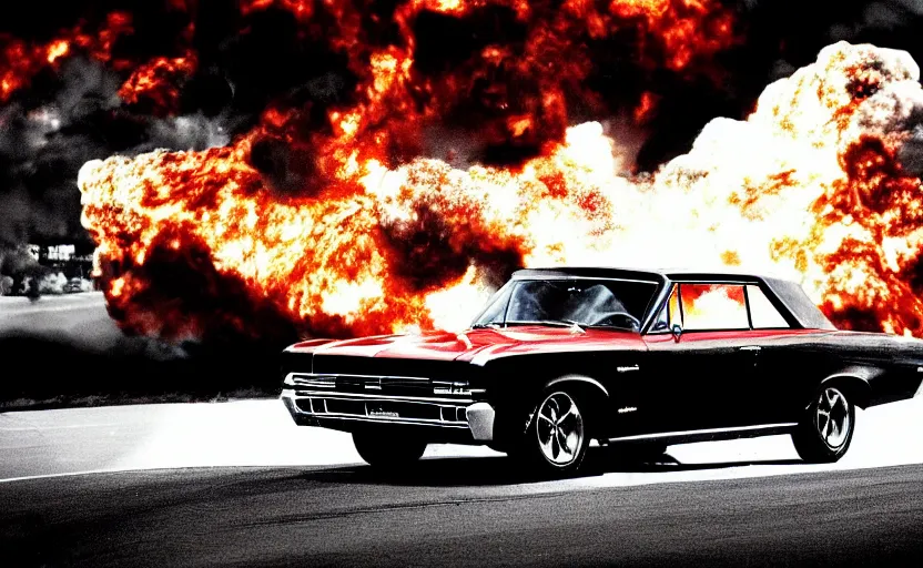 Image similar to a black 1 9 6 4 pontiac gto driving high speed, fire explosion in the background, action scen. realistic. high resolution. dramatic