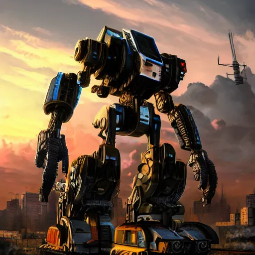 Image similar to Urbanmech defending city at sunset, battletech, mechwarrior, hyperrealistic, photorealistic, ultra hd, rendered in Unreal engine, artstation, digital illustration, highly detailed, intricate, award-winning, 4k, beautiful colors, cinematic lighting