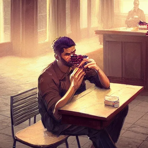 Prompt: A US marine eating crayons in a posh restaurant as a grand theft auto 5 loading screen, art by Andreas Rocha and greg rutkowski, highly detailed, digital painting, matte painting, concept art, illustration, dim lighting, trending on artstation, very detailed