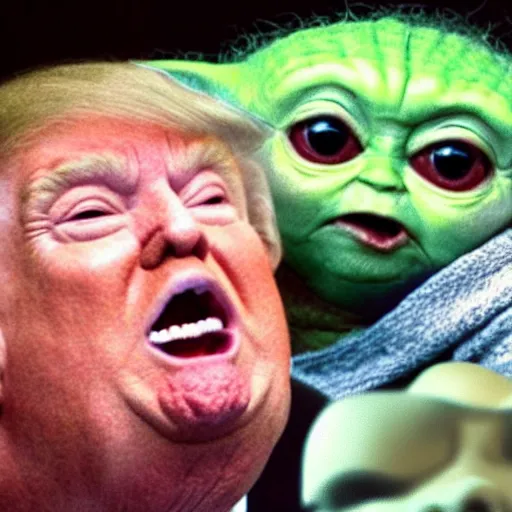 Image similar to donald trump screaming at baby yoda